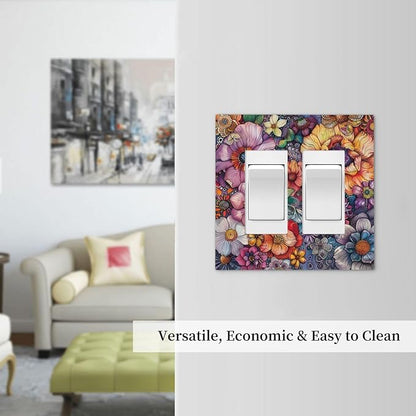 Decorative Outlet Covers Colorful Bohemian Flowers Vintage Boho Floral 2 Gang Double GFCI Rocker Electrical Wall Panels Light Switch Cover Plate for Bed Room living Room Decor