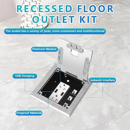 KYHSHJ Recessed Flat Hidden Socket Kit with 2 * 20A Receptacle，4.8A*2 USB-A Ports +3-Port RJ45 Datacom Receptacle. Internal Height Adjustable，Corrosive Resistant Hardware,Silver