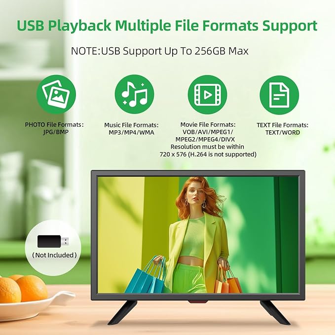 TV 20 inch,Full Viewing Angles 1080P HD,Small Kitchen Wall-Mounted Digital TV-HDMI/USB Ports-Dual Power DC-12V& AC Adapter Inputs for Your Caravan & Bedroom