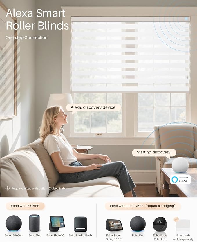 Smart Zebra Blinds for Windows, Alexa Motorized Blinds with Remote Control, Automatic Electric Power Zebra Shades for Indoor Windows (38" W x 72" H, White)