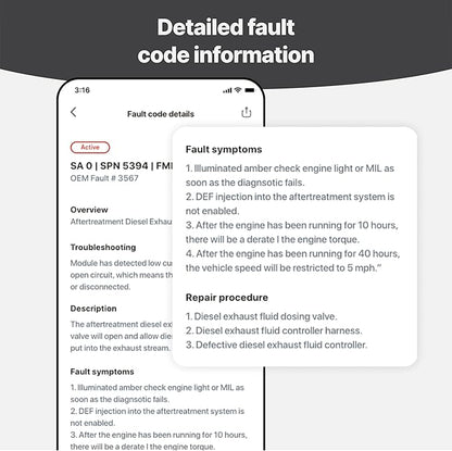OTR Diagnostics HD Scan Tool (Updated 2025 Adapter): Forced Regen, Read & Reset Fault/P-Codes, Live Data, Bi-Directional Commands, Fault History. iOS/Android, 1-Year Subscription, Premium Support.