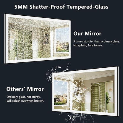 88x38 Inch LED Bathroom Mirror with Lights (Front Lit and Backlit) Black Framed Lighted Vanity Mirror for Bathroom Wall Dimmable Anti-Fog Memory Tempered Glass Horizontal/Vertical