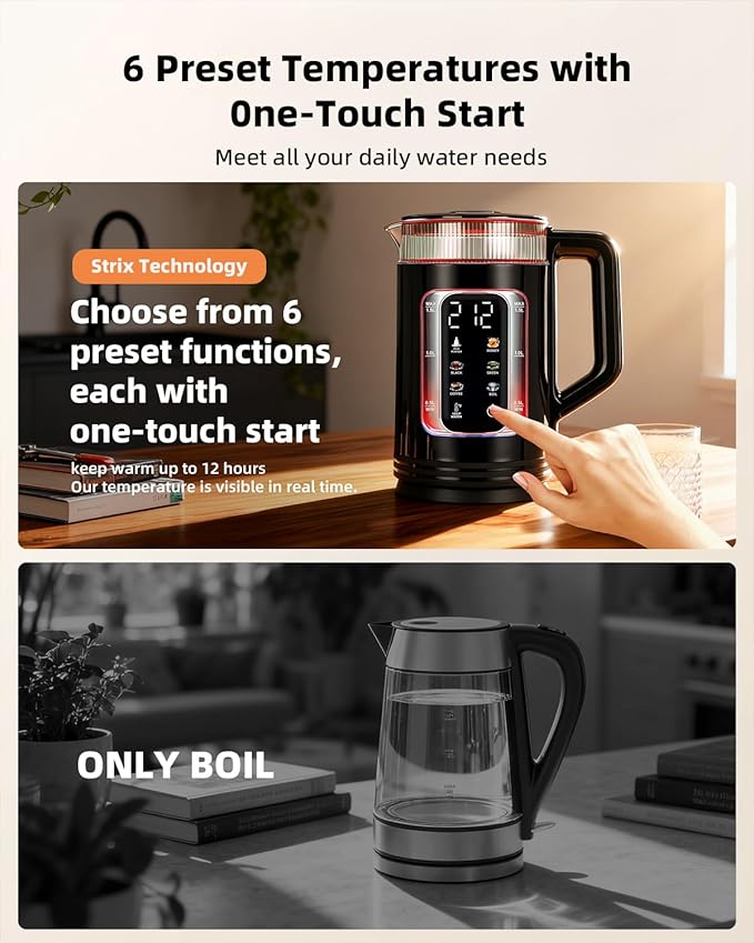 Electric Tea Kettle with Temperature Control, 1.5L Glass smart Water Boiler for Tea, Coffee & Boil, Automatic Shut Off, 12h Keep Warm & One-Touch 6 Presets