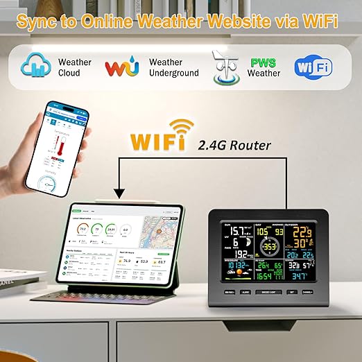 Urageuxy Weather Station Wireless Indoor Outdoor WiFi Weather Stations with Rain Gauge and Wind Speed/Direction,Temperature, Humidity, Weather Forecast, UV/Light, Moon Phase and Alarm