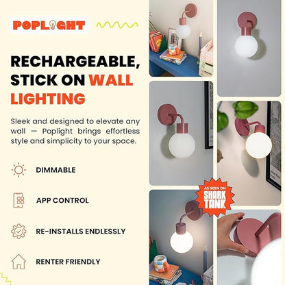 Wireless Wall Sconce (Shark Tank) Rechargeable & Dimmable LED Light w/App Control & Damage-Free Install, Moveable Modern Ambient Lighting for Elegant Home & Bedroom Decor | Dusty Rose