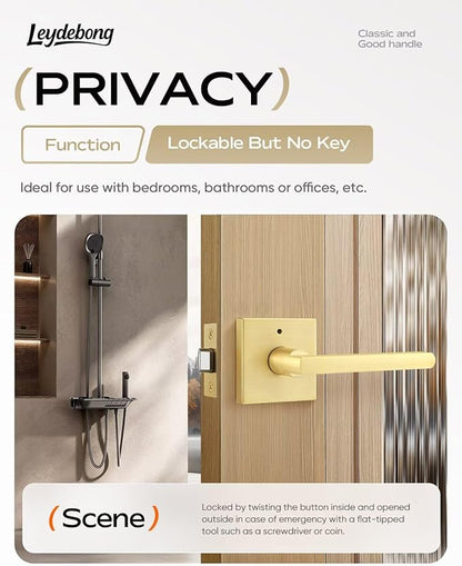 Leydebong 3 Pack Gold Door Handle Heavy Duty, Keyless Door Knob Reversible Square Door Lever for Bedroom, Bathroom and Rooms