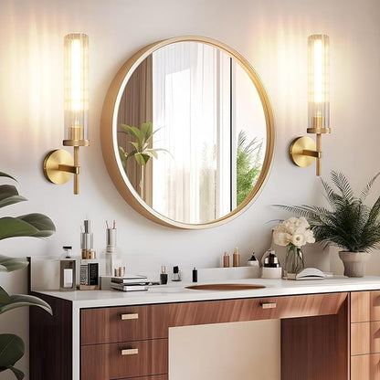 19.5" Knurled Brass Wall Sconce with Vertical Striped Glass Tube, Gold Bathroom Vanity Light Fixtures, Modern Lamp Lighting for Bedroom, Living Room, Hallway, Staircase, Mirror, Kitchen