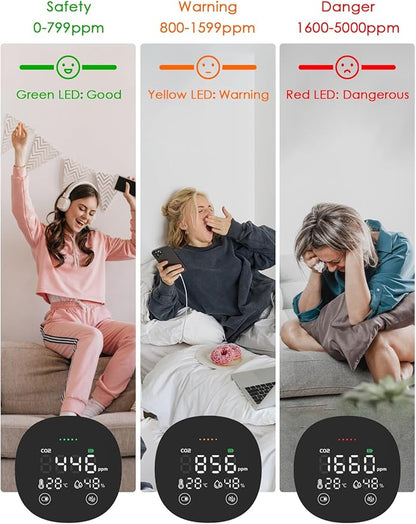 CO2 Monitor, 3 in 1 CO2 Detector Temperature and Humidity Air Quality Monitor Carbon Dioxide Detector for Travel Portable CO2 Tester Indoor Air Quality Monitor for Home School Office