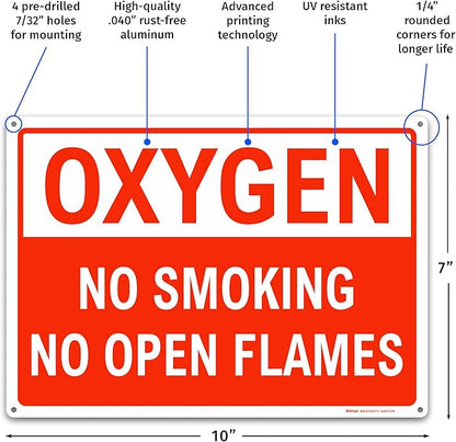 Brimar - 10 x 7" - Oxygen No Smoking No Open Flames Sign - .040″ Rust-Free Aluminum - Easy Installation With 4 Pre-Drilled Holes - Clear And Concise Safety Message