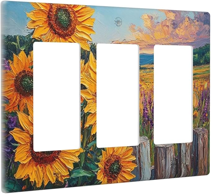 Decorative Outlet Covers Rustic Wilderness Sunflower Lavender Muzha Oil Painting 3 Gang Wall Plate Triple Rocker Light Switch Cover Plate Jumbo Electrical GFCI Faceplate