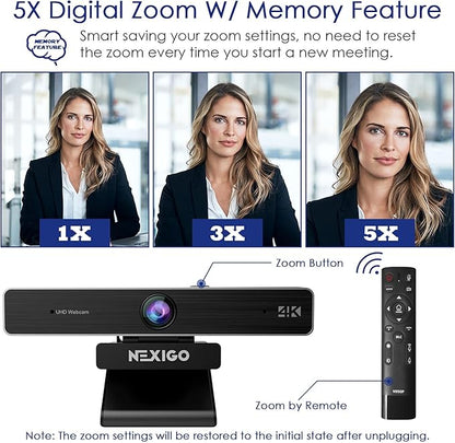 NexiGo Zoom Certified, N950P (Gen 2) 4K Zoomable Webcam, RF Remote, Sony_Starvis Sensor, 5X Digital Zoom, Pro Web Camera with Dual Stereo Mics