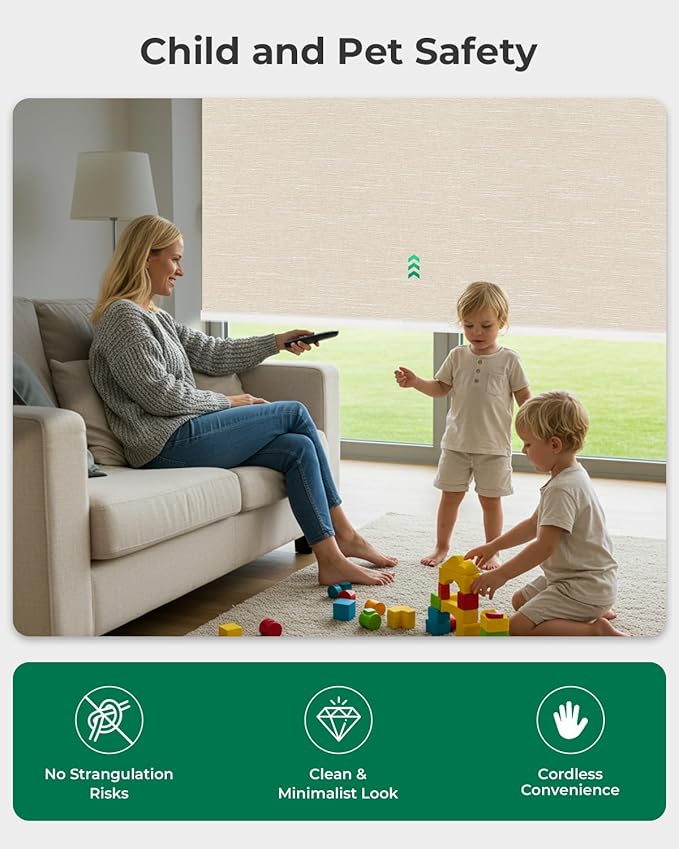 Allesin Motorized Roller Blinds – Rechargeable Smart Shades with Remote & Quiet Motor, Top/Bottom Aluminum Rails, Alexa-Compatible for Window (Custom Size, 100% Blackout Wheat-Jacquard)