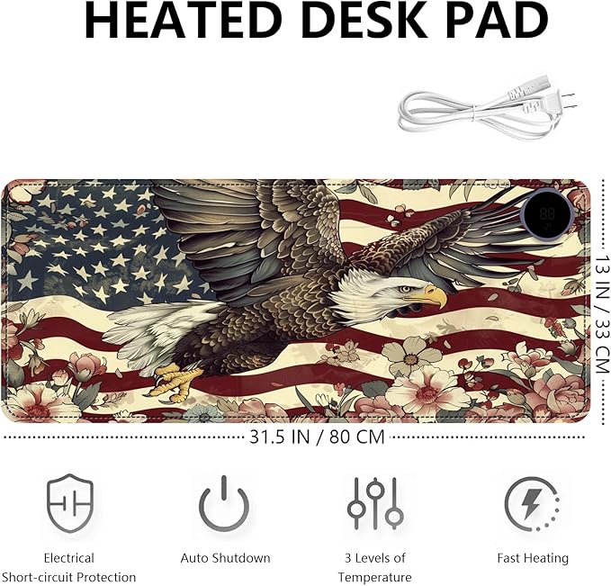 Heated Mouse Pad with 3 Levels Heated & 3 Hours Auto Shut-Off Mouse Pad for Warming Hands in Office Home, 31.5" x 13"Large Safe Desk Mat Hand Warmer，Flying Eagle Flag Flowers