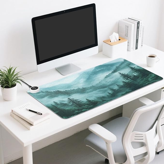 Heated Desk Pad Mouse Pad 31.5x13 Inch PU Leather Desk Mat with 3 Heat Levels Large Mouse Gaming Computer Laptop Mat Foggy Green Mountains and Pine Trees