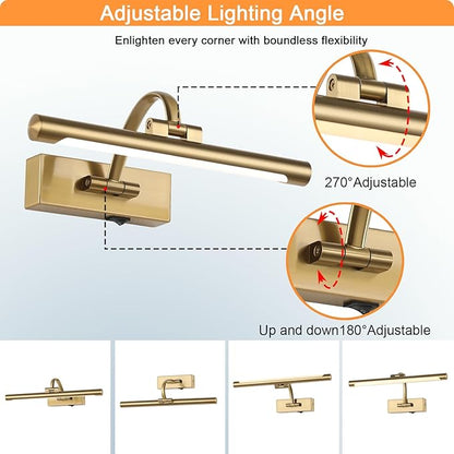 Rechargeable Picture Light with Remote Control,12 Inch Brass Finish Adjustable Wireless Art Lighting Fixture,Painting Lights with Timer,3 Color Temperature and Dimmable