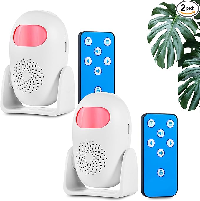 Motion Sensor Alarm with 17 Chimes 3 Alarm Modes 4 Volume Levels Wireless Motion Detector Alarm with Remote 110dB Home Security Alarm (2 Motion Detector, 2 Remote Control)