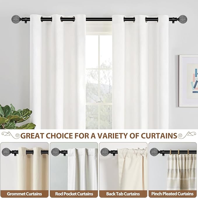 KAMANINA Wood Curtain Rods for Windows 32 to 58 Inch(2.6-4.8ft), 1 Inch Adjustable Drapery Rod, Decorative Heavy Duty Curtain Rods with Leaf Pattern Finials, Black