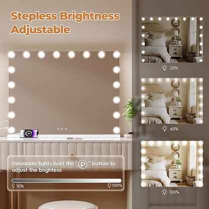 ZL ZELing Vanity Mirror Makeup Mirror with Lights,31.49" x 23.62"Large Tabletop Light up Mirror with 18Bulbs,10X Magnification,USB Charging Port,3 Color Touch Control Dimmable Lights.