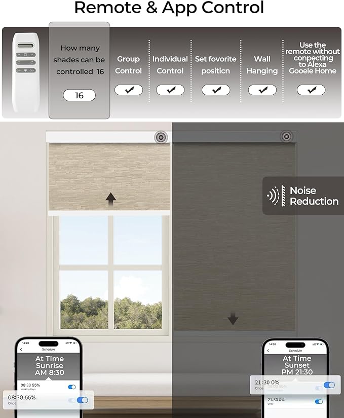 Motorized Roller Shade with Remote Control, 100% Blackout Electric Blinds for Windows with Alexa Google Home via Hub, Rechargeable Smart Automatic Customized Size（Texture-Coffee）