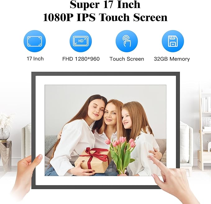 Large Digital Picture Frame 17” WiFi-Photo-Frame - 1280x960 IPS HD Touch Screen, 32GB Smart Picture Frame, Motion Sensor, Auto-Rotate, Wall-Mounted, Share Photos Videos via App, Gifts for Mom Dad