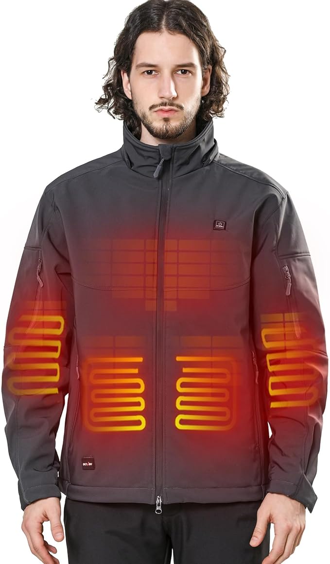 DEWBU Soft Shell Heated Jacket for Men with 12V Battery Pack and Detachable Hood Outdoor Electric Heating Coat