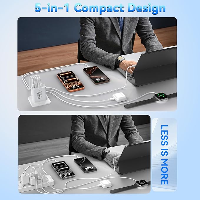 USB C Fast Charger Block, 60W 5-Port USB C Wall Charging Blocks, Type C Charger Fast Charging Brick, 3USB C+2USB A PD&QC3.0 Multiport Charger Plug for iPhone 17/16/15/14/13 Pro Max, Pad, White+Black