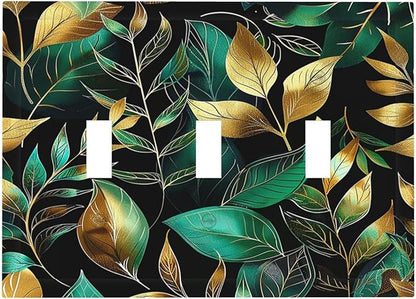 Decorative Switch Plates Vintage Dark Green Vine Leaf Golden Plants 3 Gang Wall Plate Triple Toggle Light Switch Cover Faceplate Electrical Wall Panels for Bed Room Cabin Decor