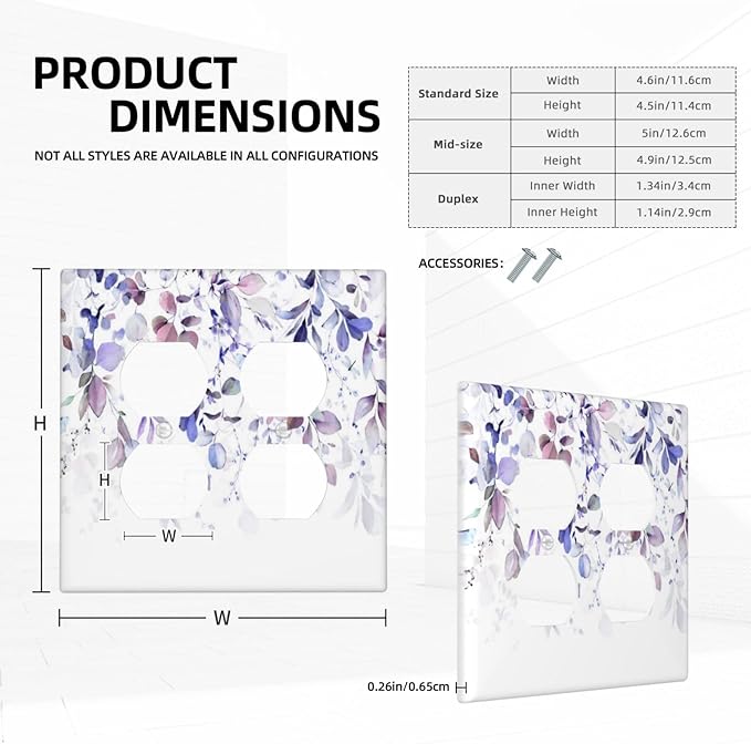 Purple Eucalyptus Watercolor Floral Rustic Leaf Outlet Covers 2 Gang Double Duplex Decorative Light Switch Covers Electrical Wallplates Socket Faceplate for Farmhouse Home Decor