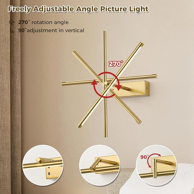 Joosenlux modern brass picture light - 16in rechargeable wireless wall lights with Remote, adjustable Swing Arm, dimmable 3cct battery operated lamp for art Display, photo gallery canvas and paintings