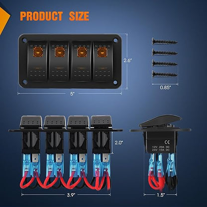 Nilight 4 Gang Rocker Switch Panel with Orange LED Light 5 Pin On Off Pre-Wired Aluminum Toggle Switches Waterproof for 12V/24V Cars Marine Boats ATVs Trailers RV Trucks
