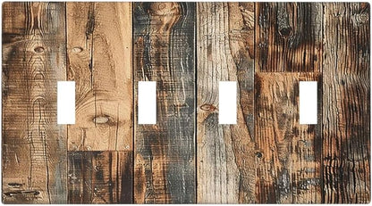 Light Switch Covers Rustic Brown Wood Pattern Splice Plank Quad Toggle Electrical Faceplate 4 Gang Wall Plate Decorative Switch Plates For Farmhouse Cabin Decor