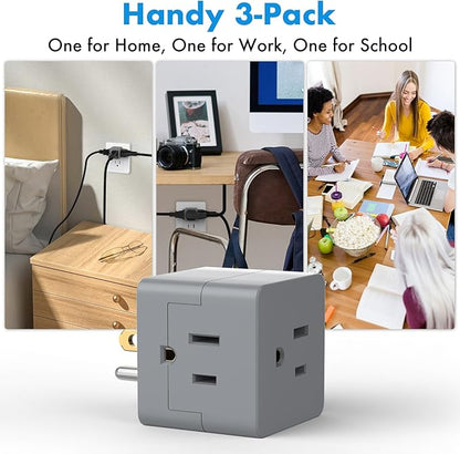 POWERCORDS 3 Power Blocks Outlet Splitter, 3 Pack, Grounded Wall Tap, 3-Prong Plug Adapter AC Multi Plug Wall Outlet, Power Splitter, Cruise Essentials, for Home Office School Dorm, UL Listed,Grey