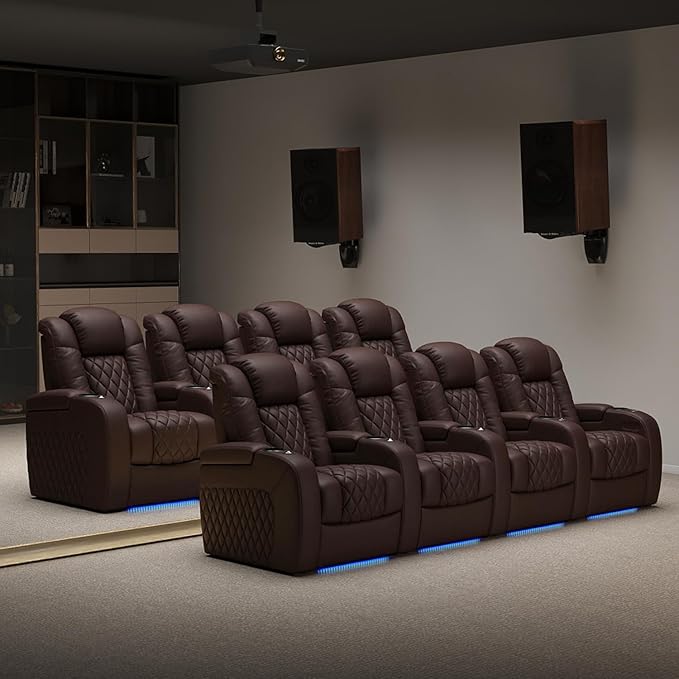 Weilianda Home Theater Seating Top Grain Leather Zero Gravity Recliner Chair Power Headrest Recline Movie Seat Gaming 7 Colors Mood Light Sofa with Tray Table USB Charge Row of 5 Loveseat Left Brown