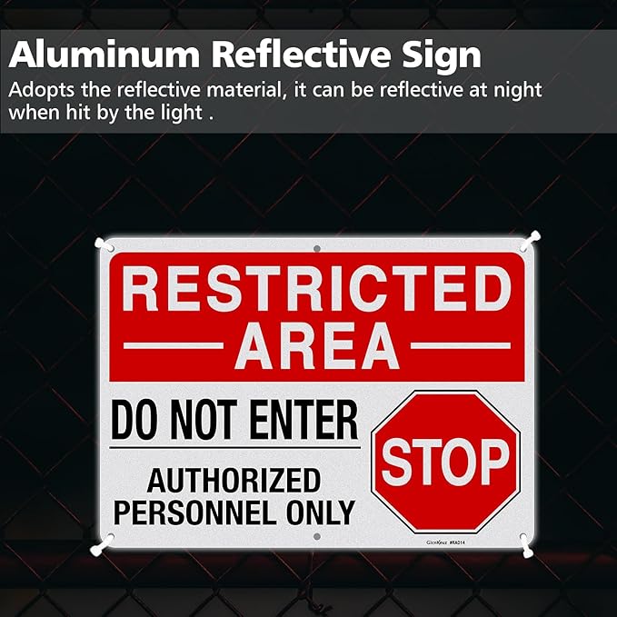 GicnKeuz Large "Restricted Area - Do Not Enter, Authorized Personnel Only" Metal Signs, 14 x 10 Inches Reflective Aluminum Signs, Fade Resistant/Waterproof, Easy to Install, Outdoor Use (4-Pack)