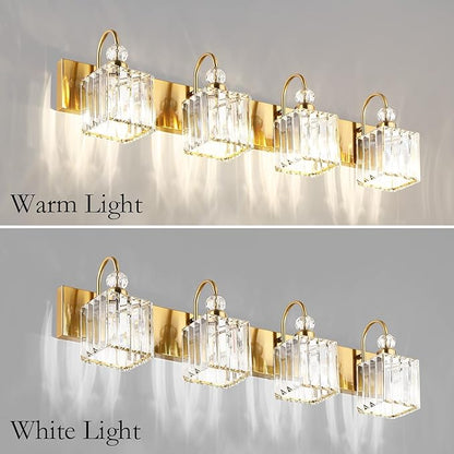 Ralbay Crystal Gold Bathroom Vanity Lights 4-Lights Vanity Lights Over Mirror Modern Crystal Gold Bathroom Wall Lighting Fixtures