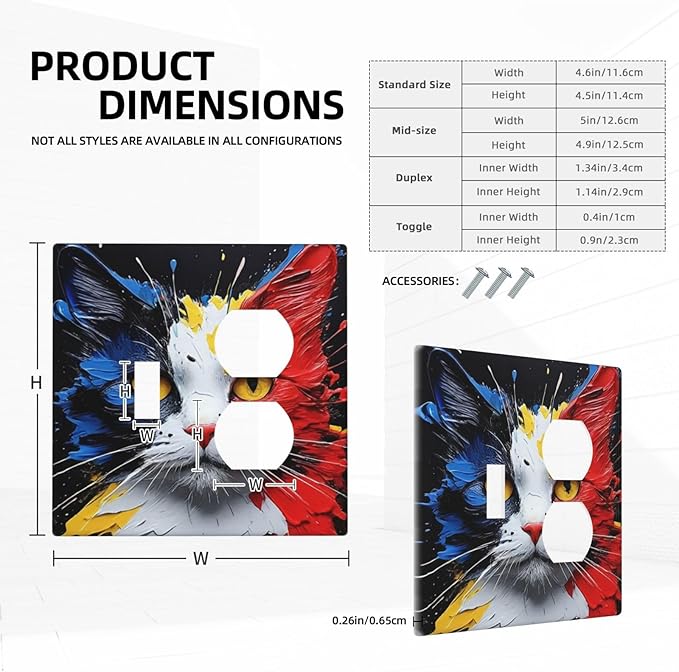 Decorative Outlet Covers Colorful Doodle Cute Funny Black Red White Cat 2 Gang Wall Plate Cover Single Toggle Duplex Combo Two Switch Light Switch Cover Plate Faceplate