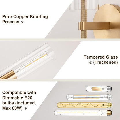 Brass Gold 2-Light Knurled Wall Sconce, Dual-Head Vanity Lamp with Clear Glass Tube, Bathroom Wall Sconces, Wall Lights for Living Room Bedroom Hallway Kitchen Bathroom Mirror
