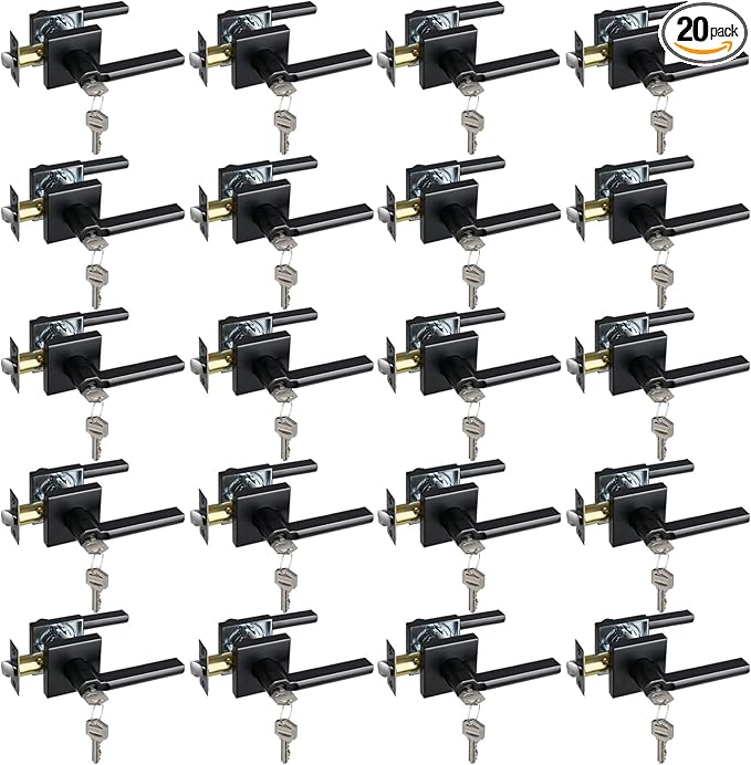 Keyed Entry Door Lever with Lock, Heavy Duty Square Interior Handle for Front Door and Office, Matte Black, Reversible for Right&Left Handed, 20Packs