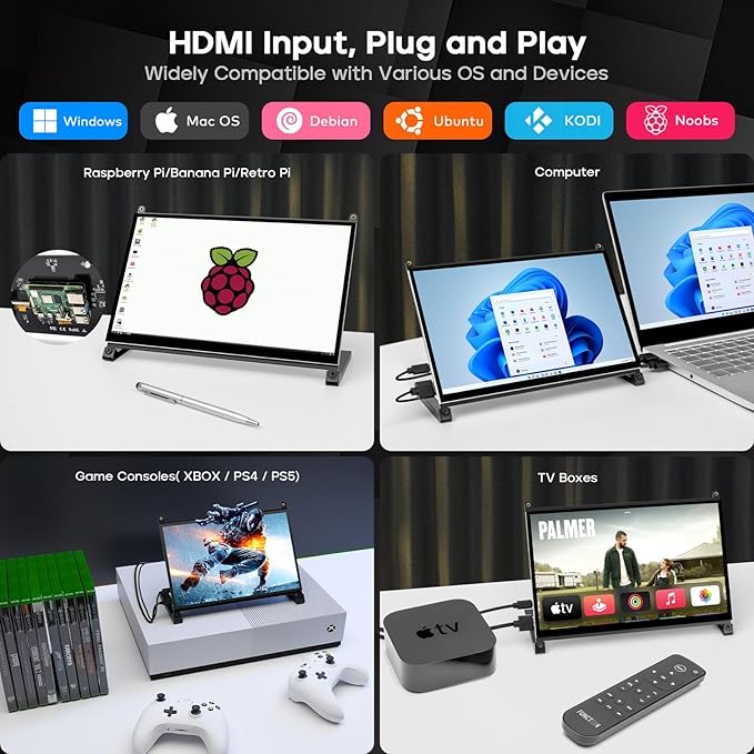 ROADOM Raspberry Pi Screen, 10.1’’ Touchscreen Monitor, IPS FHD 1024×600,Responsive and Smooth Touch,Dual Built-in Speakers,HDMI Input,Compatible with Raspberry Pi 5/4/3/Zero,Easy Assembly,Driver Free