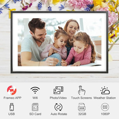 Frameo 15.6 Inch Large Digital Photo Frame, Digital Picture Frame WiFi with 32GB, 1920 * 1080 IPS HD Touch Screen, Electronic Picture Frame IPS Touch Screen with Auto-Rotate, Frameo Digital Frame Wifi