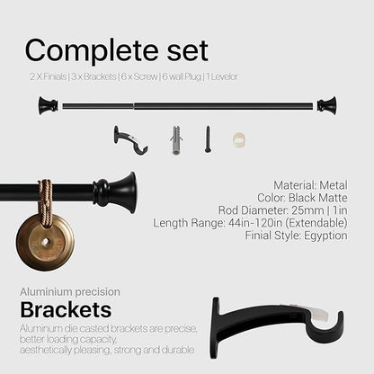 Deco Window Adjustable Curtain Rod for Windows 44 to 120 Inch (Pack of 1) Extendable Heavy Duty 1 Inch Iron Drapery Pole with Finials Wall Mounted French Door Curtain Rods (Black)