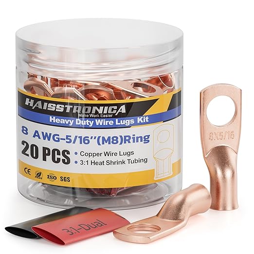 haisstronica 10pcs 8 AWG - 5/16" (M8) Battery Cable Lugs, Heavy Duty Copper Wire Lugs with 10pcs 3:1 Adhesive Heat Shrink Tubing, 8 Gauge Wire Connectors Battery Terminal Connector, Battery Cable Ends
