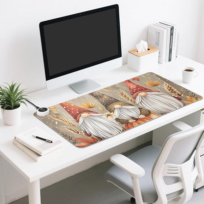 Heated Desk Pad Mouse Pad 31.5x13 Inch PU Leather Desk Mat with 3 Heat Levels Large Mouse Gaming Computer Laptop Mat Pumpkin Gnomes Maple Leaf