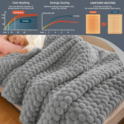 Electric Heated Blanket 90''x100'' – Large Soft Ribbed Faux Fur Fast Heating Blanket with 12 Heat Settings, 1–12H Timer, Overheat Protection ETL & FCC Certified Machine Washable