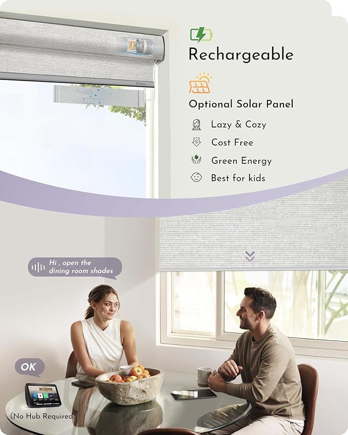 Graywind Smart Blackout Roller Shades Compatible with Alexa Google Textured Fabric Rechargeable Motorized Blinds Cordless Remote Control Window Shades, Custom Size (Metallic Fuscous Grey)