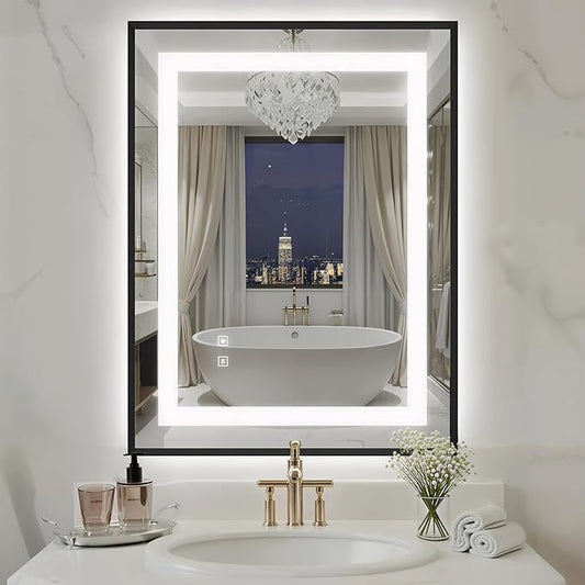 24X32 Inch LED Bathroom Mirror with Lights, Black Frame Frontlit+ Backlit Bathroom Vanity Mirror for Wall, Ultra-Clear Tempered Glass, Shatter-Proof, Anti-Fog and Memory Function, ETL Listed