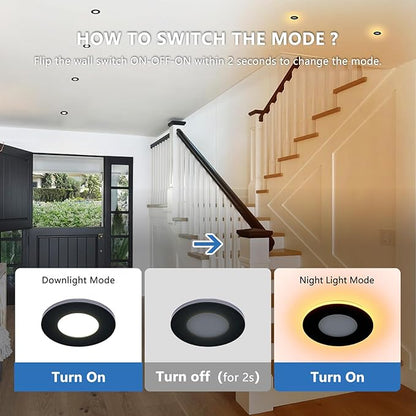 CycevSun 3 Inch Black LED Recessed Lights with Night Light, Dimmable & 5CCT Selectable Canless Downlight Wafer Outdoor Soffit, 6W, ETL, IC Rated, 6 Pack