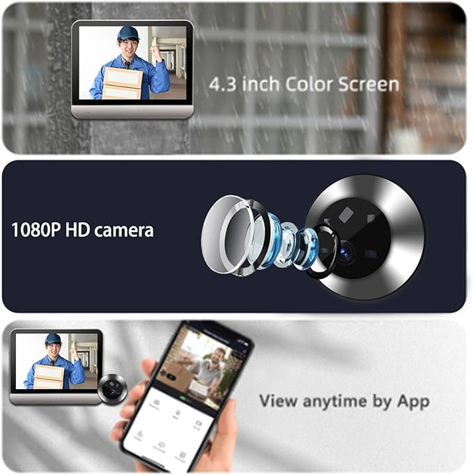 1080P Door Peephole Camera 4.3 inch Smart Visual Intercom Doorbell with Two Way Call, PIR Body Detection, 5000mah Rechargeable Battery Cloud SD