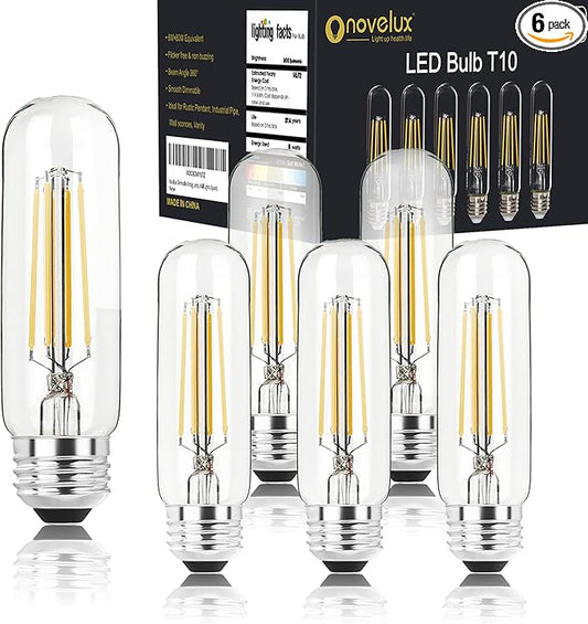 5 Inch Edison Bulb, 2700K Soft White E26 Led Bulb 6W Dimmable, 800LM T10/T9 Clear Glass Tubular Light Bulbs, AC 120V Equal 80 Watt Bulbs for Chandelier Pendant Wall Light - 6Pack