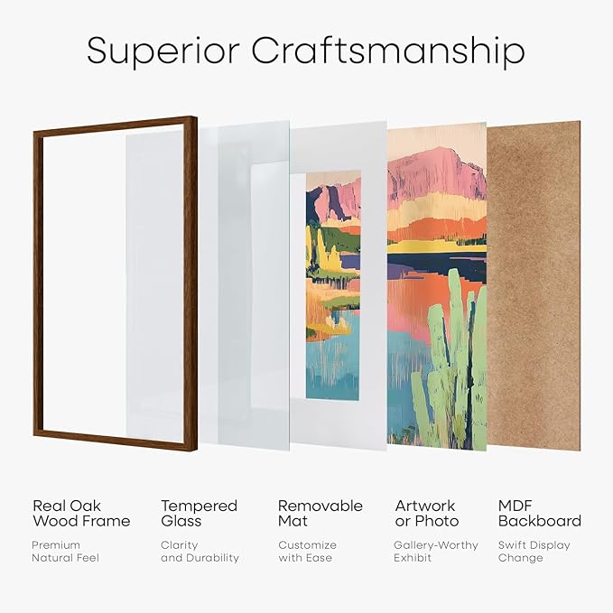 Homeforia 14x24 Picture Frame Brown, High End Dark Oak 14x24 Poster Wood Frame with Mat 11x22 for Photo, 14 x 24 Wooden Walnut Frame Matted to 11 x 22, 24x14 Frames, Tempered Glass, Wall Kit, Set of 1